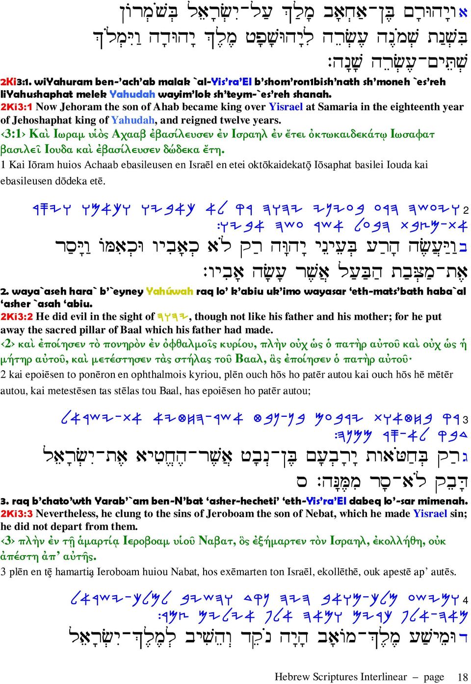 2Ki3:1 Now Jehoram the son of Ahab became king over Yisrael at Samaria in the eighteenth year of Jehoshaphat king of Yahudah, and reigned twelve years.