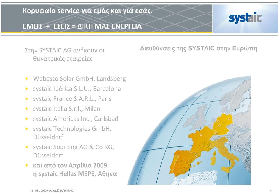 Ευρώπη Webasto Solar GmbH, Landsberg systaic Ibérica S.L.U., Barcelona systaic France S.A.R.L., Paris systaic Italia S.