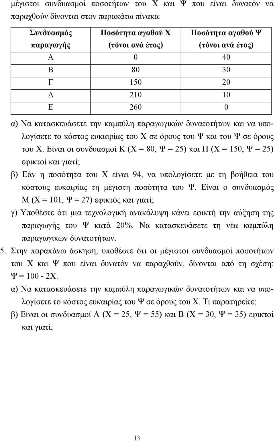 Είναι οι συνδυασµοί Κ (Χ = 80, Ψ = 25) και Π (Χ = 150, Ψ = 25) εφικτοί και γιατί; β) Εάν η ποσότητα του Χ είναι 94, να υπολογίσετε µε τη βοήθεια του κόστους ευκαιρίας τη µέγιστη ποσότητα του Ψ.