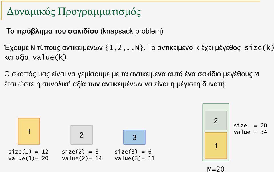 Ο σκοπός μας είναι να γεμίσουμε με τα αντικείμενα αυτά ένα σακίδιο μεγέθους M έτσι ώστε η συνολική