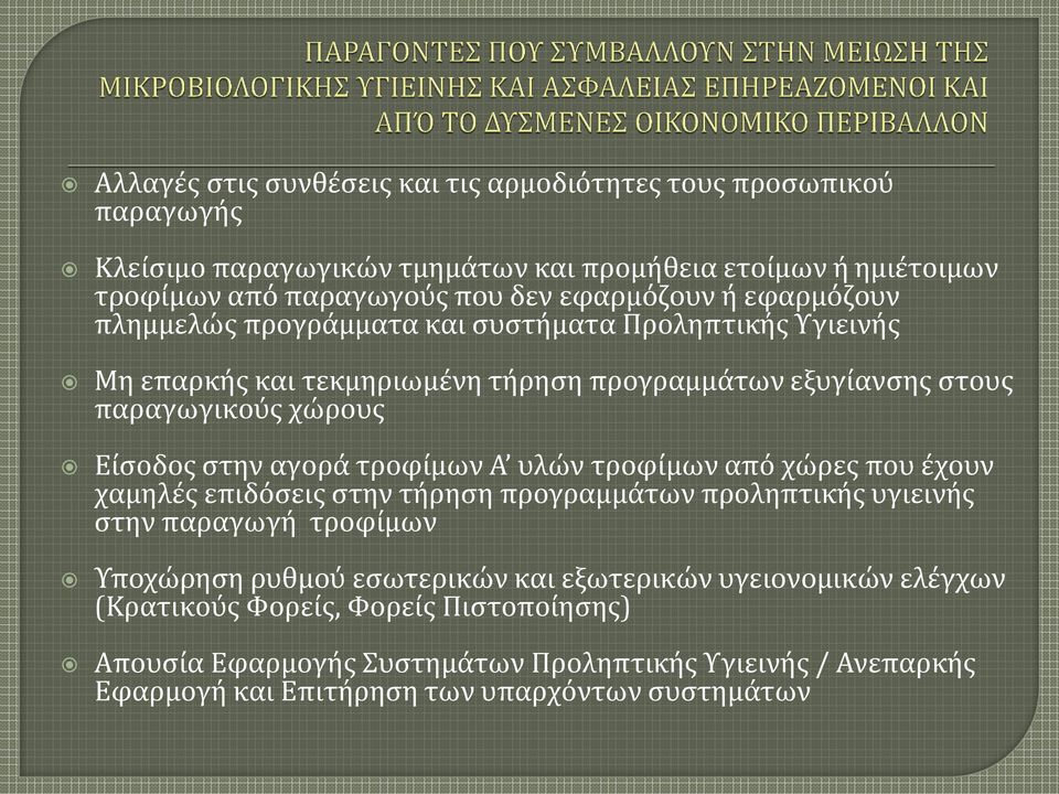 στην αγορά τροφίμων Α υλών τροφίμων από χώρες που έχουν χαμηλές επιδόσεις στην τήρηση προγραμμάτων προληπτικής υγιεινής στην παραγωγή τροφίμων Υποχώρηση ρυθμού εσωτερικών και