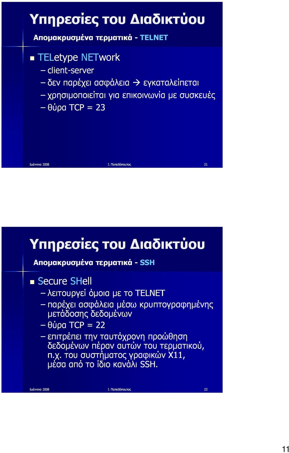 Παπαδόπουλος 21 Απομακρυσμένα τερματικά - SSH Secure SHell λειτουργεί όμοια με το TELNET παρέχει ασφάλεια μέσω