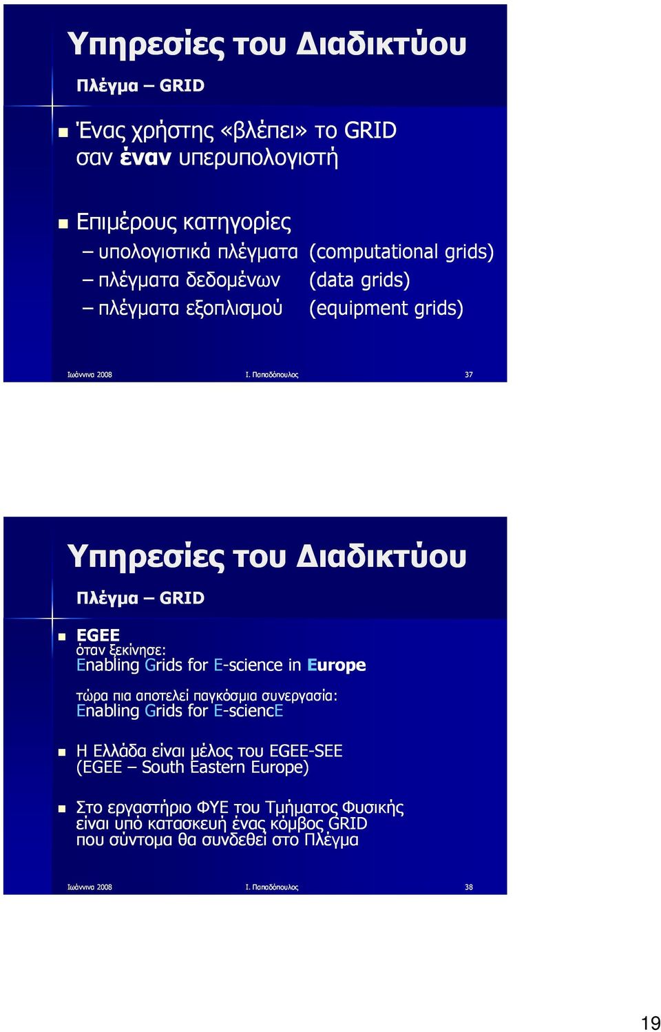 Παπαδόπουλος 37 Πλέγμα GRID EGEE όταν ξεκίνησε: Enabling Grids for E-science in Europe τώρα πια αποτελεί παγκόσμια συνεργασία: Enabling