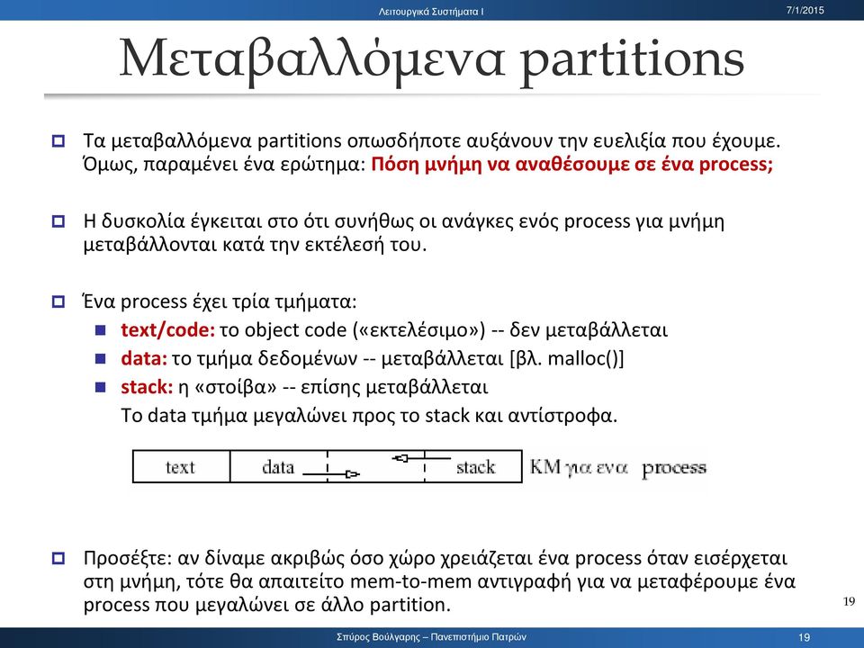 Ένα process έχει τρία τμήματα: text/code: το object code («εκτελέσιμο») -- δεν μεταβάλλεται data: το τμήμα δεδομένων -- μεταβάλλεται [βλ.