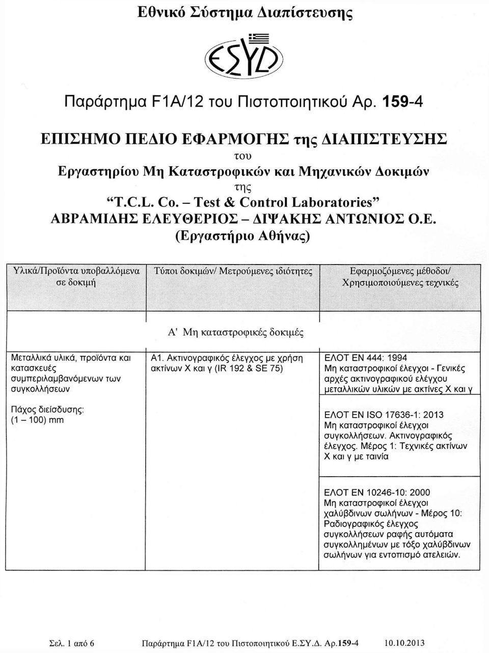 Ακτινογραφικός έλεγχος με χρήση ακτινών Χ και γ (IR 192 & SE 75) ΕΛΟΤ ΕΝ 444: 1994 - Γενικές αρχές ακτινογραφικού ελέγχου μεταλλικών υλικών με ακτίνες Χ και γ ΕΛΟΤ ΕΝ ISO 17636-1: 2013.