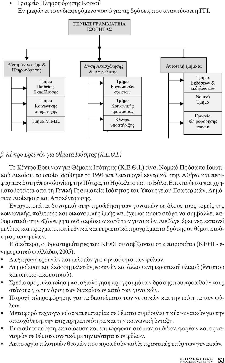 ότητας (Κ.Ε.Θ.Ι.) Το Κέντρο Ερευνών για Θέματα Ισότητας (Κ.Ε.Θ.Ι.) είναι Νομικό Πρόσωπο Ιδιωτικού Δικαίου, το οποίο ιδρύθηκε το 1994 και λειτουργεί κεντρικά στην Αθήνα και περιφερειακά στη Θεσσαλονίκη, την Πάτρα, το Ηράκλειο και το Βόλο.