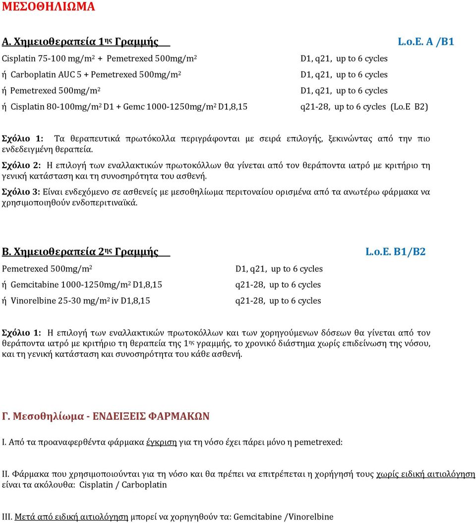 100mg/m 2 D1 + Gemc 1000 1250mg/m 2 D1,8,15 28, up to 6 cycles (Lo.E B2) Σχόλιο 1: Τα θεραπευτικά πρωτόκολλα περιγράφονται με σειρά επιλογής, ξεκινώντας από την πιο ενδεδειγμένη θεραπεία.