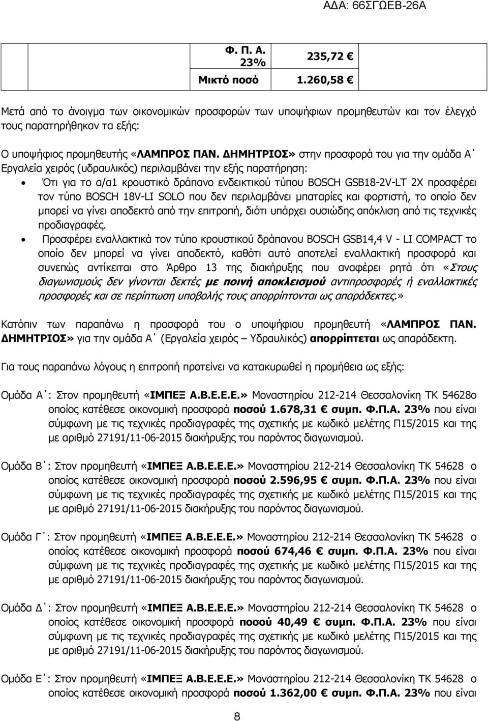 BOSCH 18V-LI SOLO που δεν περιλαμβάνει μπαταρίες και φορτιστή, το οποίο δεν μπορεί να γίνει αποδεκτό από την επιτροπή, διότι υπάρχει ουσιώδης απόκλιση από τις τεχνικές προδιαγραφές.