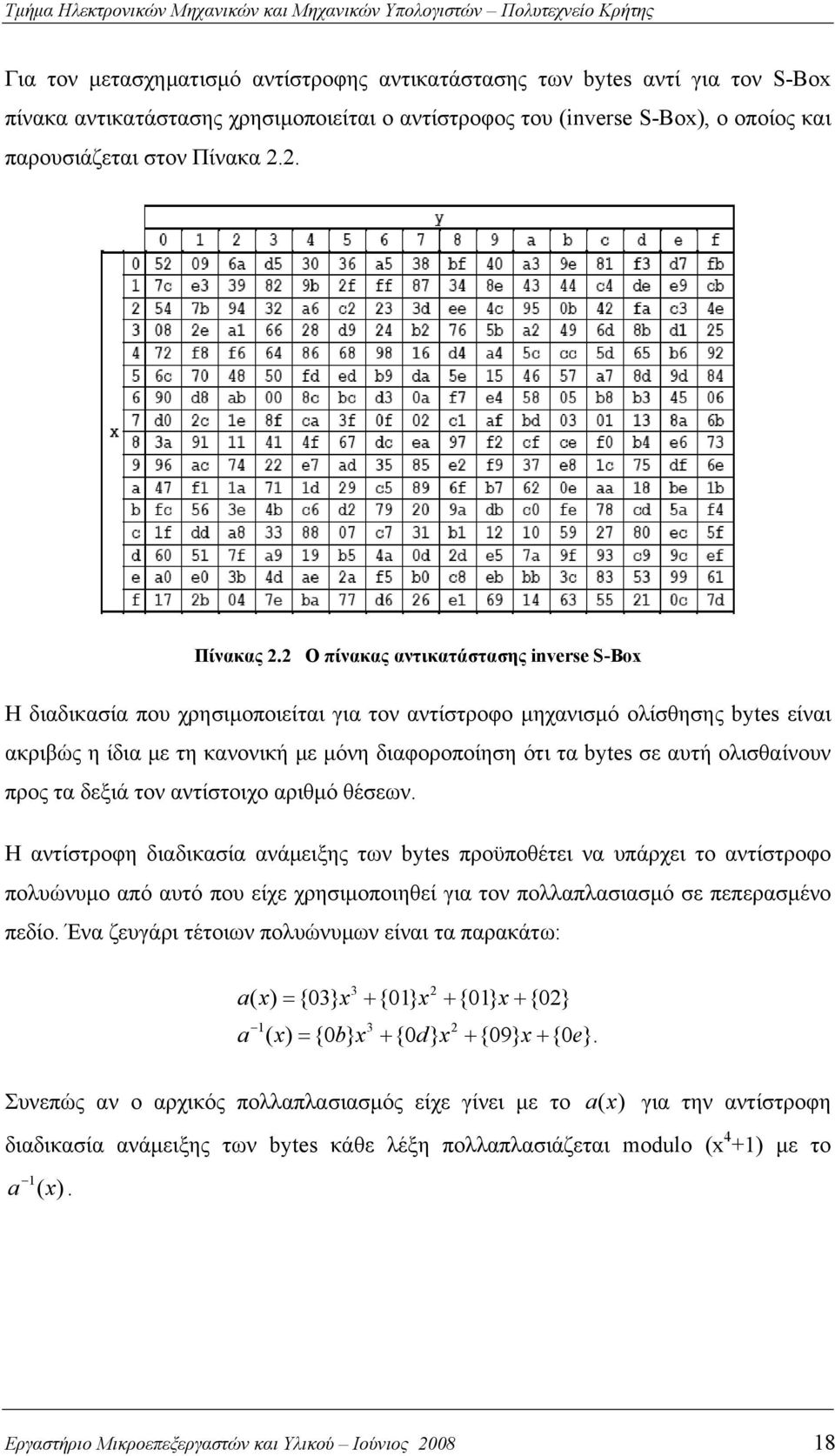 2 Ο πίνακας αντικατάστασης inverse S-Box Η διαδικασία που χρησιμοποιείται για τον αντίστροφο μηχανισμό ολίσθησης bytes είναι ακριβώς η ίδια με τη κανονική με μόνη διαφοροποίηση ότι τα bytes σε αυτή