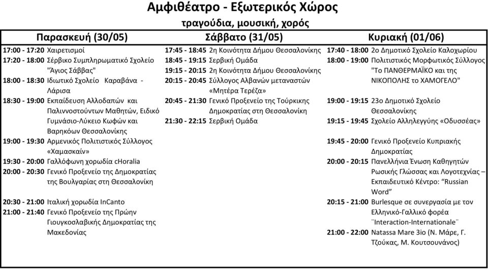 Σύλλογος Αλβανών μεταναστών ΝΙΚΟΠΟΛΗΣ το ΧΑΜΟΓΕΛΟ" Λάρισα 18:30-19:00 Εκπαίδευση Αλλοδαπών και «Μητέρα Τερέζα» 20:45-21:30 Γενικό Προξενείο της Τούρκικης 19:00-19:15 23ο Δημοτικό Σχολείο