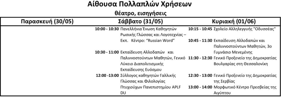 Μαθητών, Γενικό 11:30-12:30 Γενικό Προξενείο της Δημοκρατίας Λύκειο Διαπολιτισμικής Βουλγαρίας στη Θεσσαλονίκη Εκπαίδευσης Ευόσμου 12:00-13:00 Σύλλογος καθηγητών