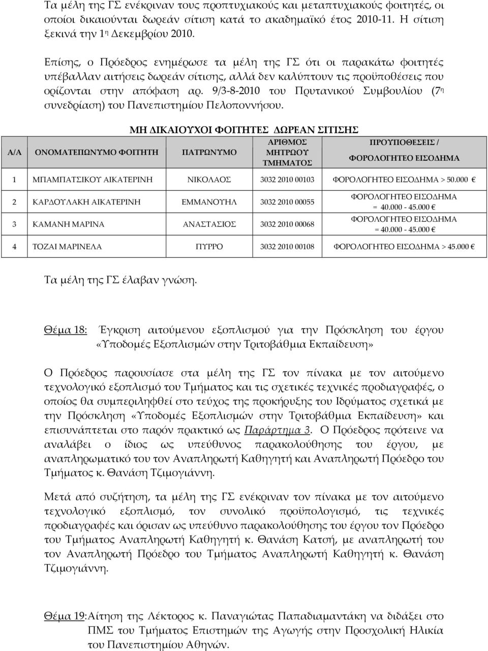 9/3 8 2010 του Πρυτανικού Συμβουλίου (7 η συνεδρίαση) του Πανεπιστημίου Πελοποννήσου.