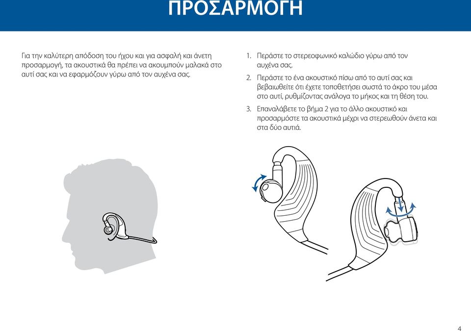 Περάστε το ένα ακουστικό πίσω από το αυτί σας και βεβαιωθείτε ότι έχετε τοποθετήσει σωστά το άκρο του μέσα στο αυτί, ρυθμίζοντας