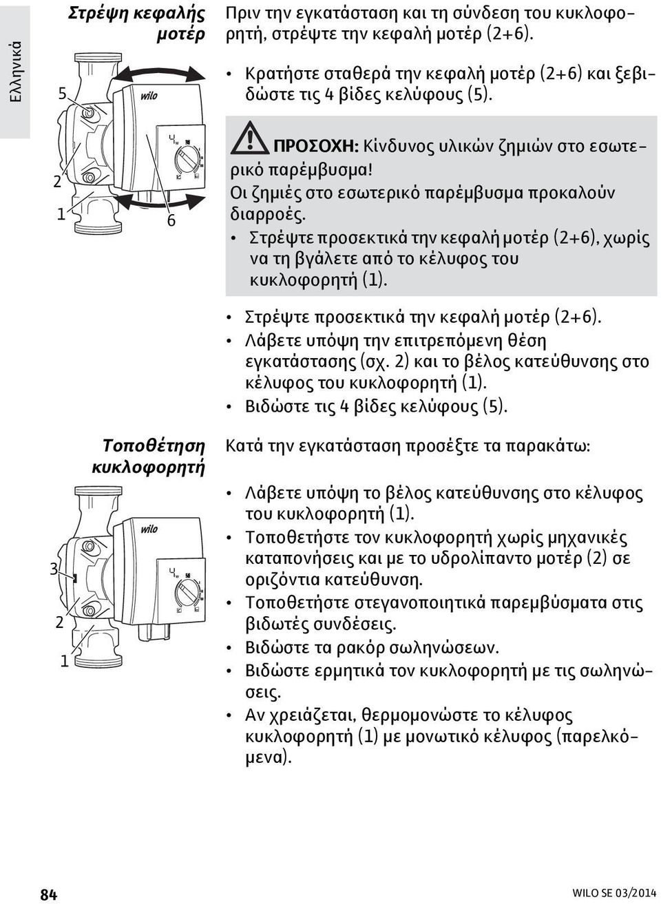 Στρέψτε προσεκτικά την κεφαλή μοτέρ (2+6), χωρίς να τη βγάλετε από το κέλυφος του κυκλοφορητή (1). Στρέψτε προσεκτικά την κεφαλή μοτέρ (2+6). Λάβετε υπόψη την επιτρεπόμενη θέση εγκατάστασης (σχ.