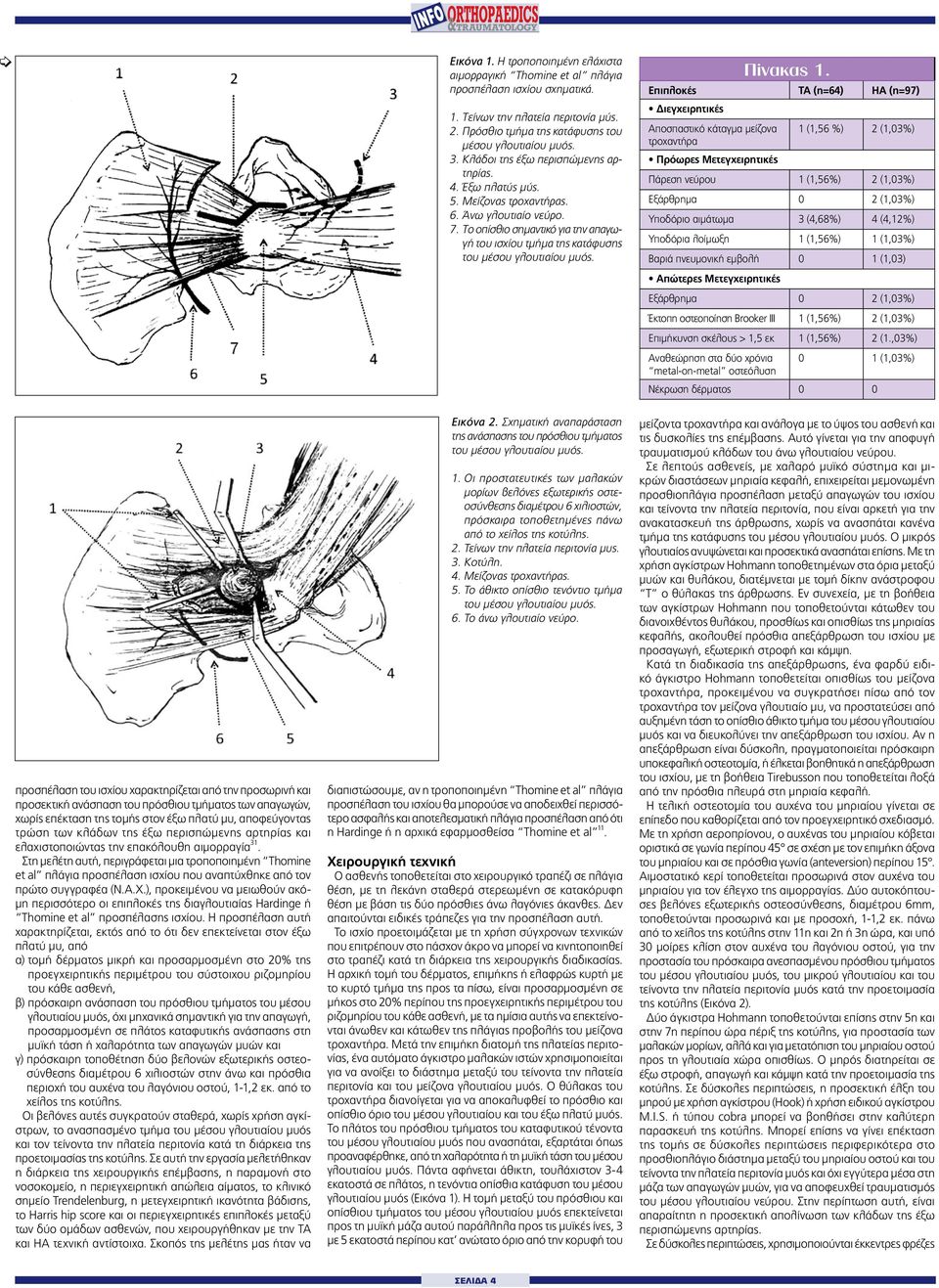 Eπιπλοκές TA (n=64) HA (n=97) Διεγχειρητικές Αποσπαστικό κάταγμα μείζονα 1 (1,56 %) 2 (1,03%) τροχαντήρα Πρόωρες Μετεγχειρητικές Πάρεση νεύρου 1 (1,56%) 2 (1,03%) Εξάρθρημα 0 2 (1,03%) Υποδόριο