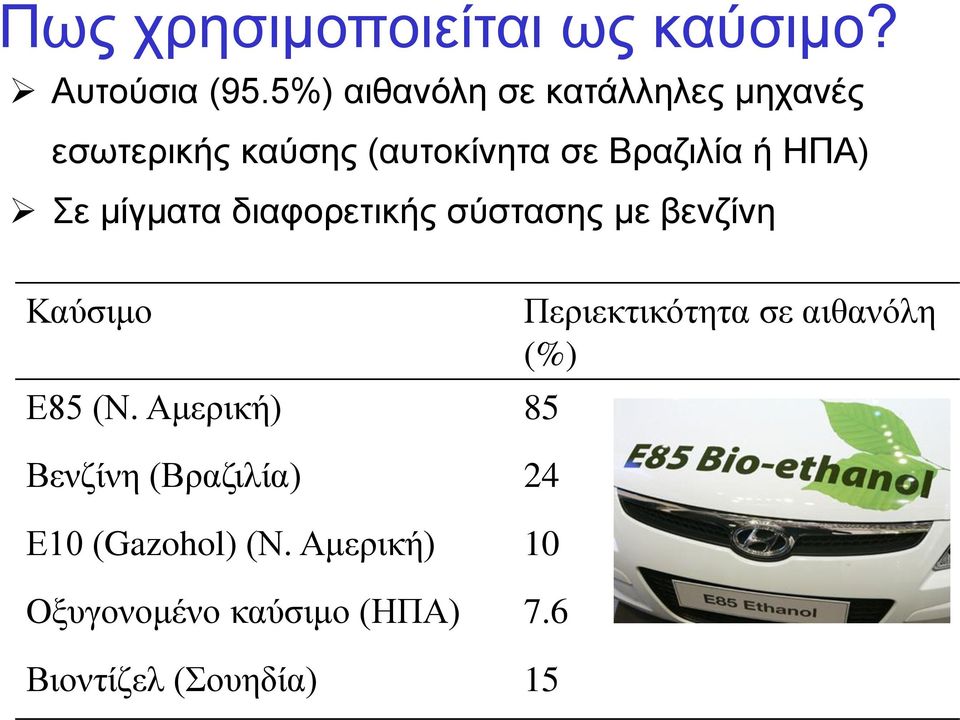 Σε μίγματα διαφορετικής σύστασης με βενζίνη Καύσιμο Ε85 (Ν.