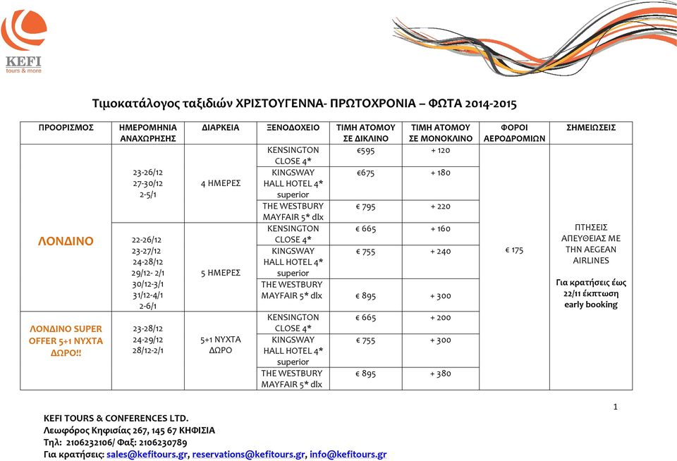 ΣΕ ΜΟΝΟΚΛΙΝΟ KENSINGTON 595 + 120 CLOSE KINGSWAY 675 + 180 4 ΗΜΕΡΕΣ HALL HOTEL superior THE WESTBURY 795 + 220 MAYFAIR 5* dlx KENSINGTON 665 + 160 CLOSE KINGSWAY 755 + 240 HALL HOTEL 5 ΗΜΕΡΕΣ