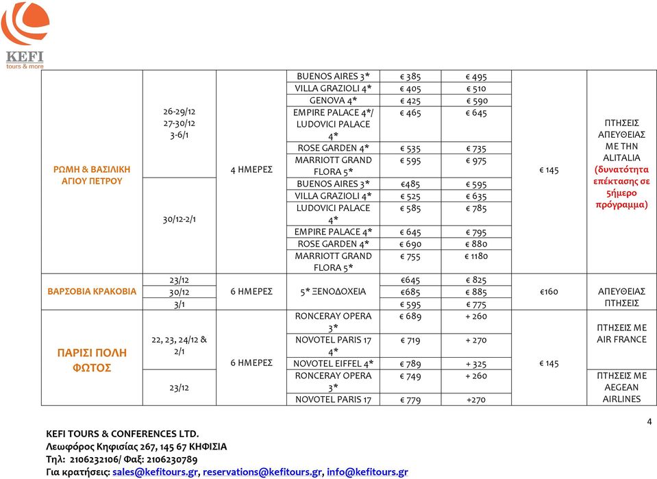 585 785 πρόγραμμα) 30/12-2/1 EMPIRE PALACE 645 795 ROSE GARDEN 690 880 MARRIOTT GRAND FLORA 5* 755 1180 23/12 645 825 30/12 6 ΗΜΕΡΕΣ 5* ΞΕΝΟΔΟΧΕΙΑ 685 885 160 3/1 595 775 RONCERAY