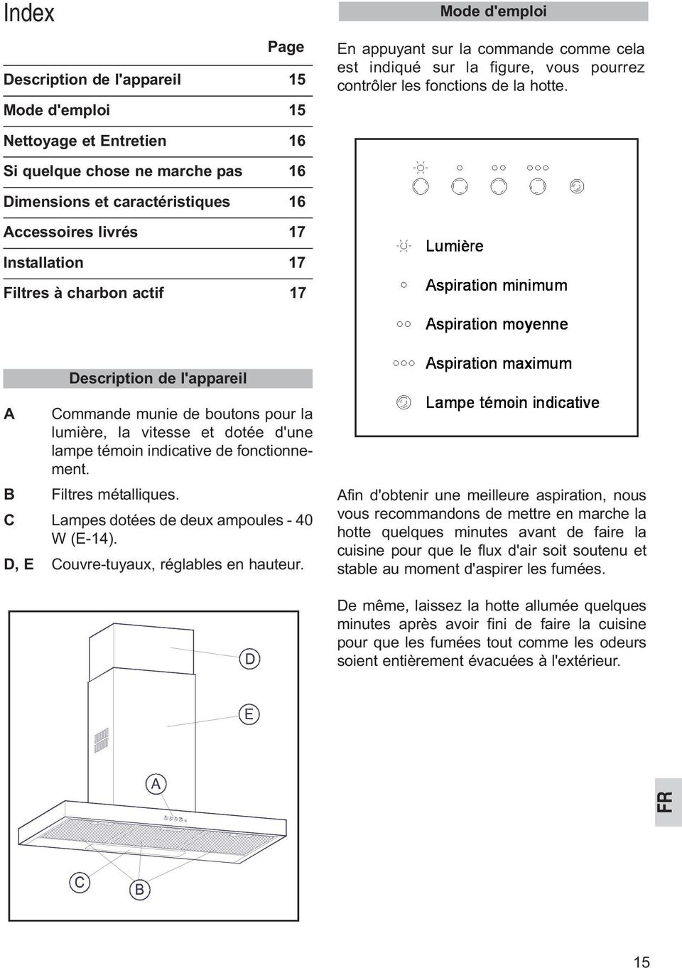 munie de boutons pour la lumière, la vitesse et dotée d'une lampe témoin indicative de fonctionnement. B Filtres métalliques. C Lampes dotées de deux ampoules - 40 W (E-14).