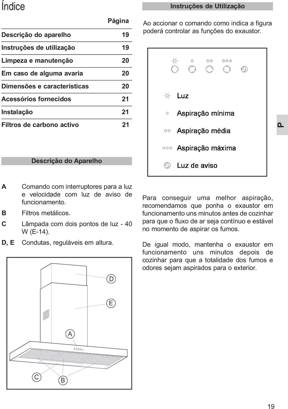 Aparelho A Comando com interruptores para a luz e velocidade com luz de aviso de funcionamento. B Filtros metálicos. C Lâmpada com dois pontos de luz - 40 W (E-14).