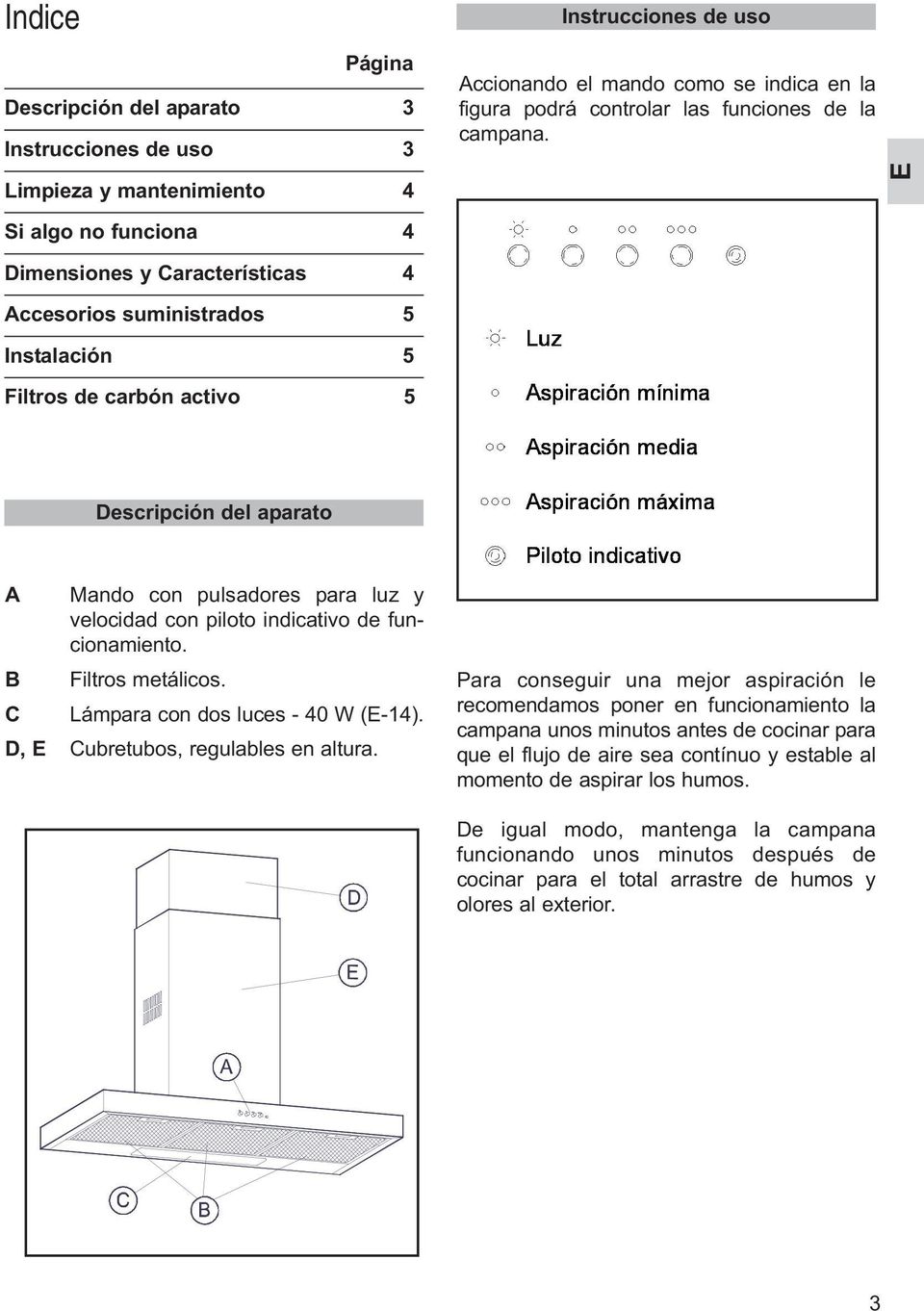 E Si algo no funciona 4 Dimensiones y Características 4 Accesorios suministrados 5 Instalación 5 Filtros de carbón activo 5 Descripción del aparato A Mando con pulsadores para luz y velocidad con