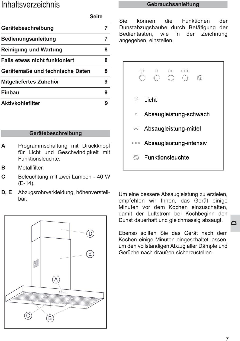 Falls etwas nicht funkioniert 8 Gerätemaße und technische Daten 8 Mitgeliefertes Zubehör 9 Einbau 9 Aktivkohlefilter 9 Gerätebeschreibung A Programmschaltung mit Druckknopf für Licht und