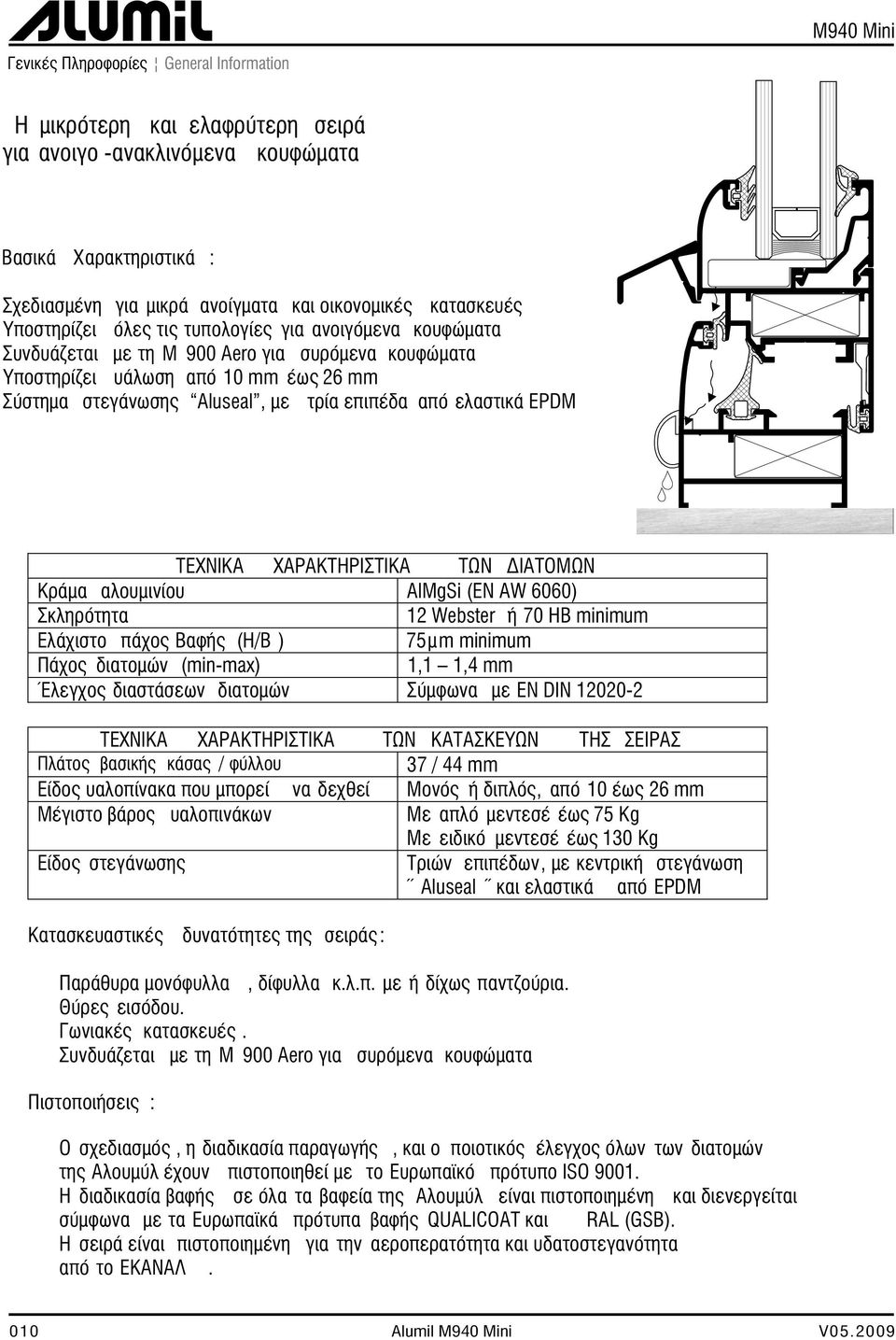 από ελαστικά EPDM ΤΕΧΝΙΚΑ ΧΑΡΑΚΤΗΡΙΣΤΙΚΑ ΤΩΝ ΔΙΑΤΟΜΩΝ Κράμα αλουμινίου AlMgSi (EN AW 6060) Σκληρότητα 12 Webster ή 70 HB minimum Ελάχιστο πάχος Βαφής (Η/Β ) 75μm minimum Πάχος διατομών (min-max) 1,1