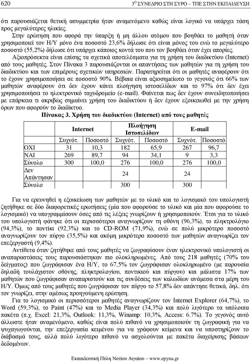 υπάρχει κάποιος κοντά του που τον βοηθάει όταν έχει απορίες. Αξιοπρόσεκτα είναι επίσης τα σχετικά αποτελέσματα για τη χρήση του διαδικτύου (Internet) από τους μαθητές.