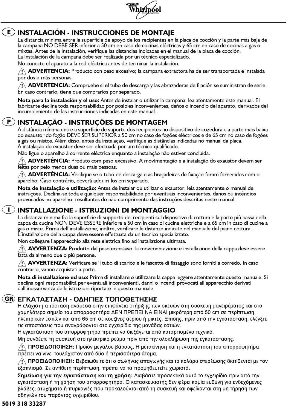 La instalacin de la campana debe ser realizada por un tcnico especializado. No conecte el aparato a la red elctrica antes de terminar la instalacin.