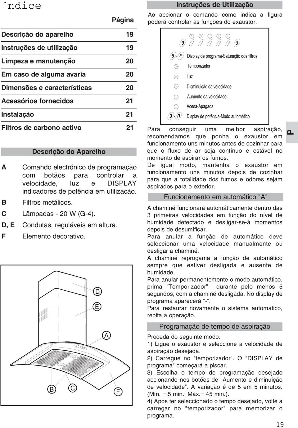 activo 21 Descrição do Aparelho A Comando electrónico de programação com botãos para controlar a velocidade, luz e DISPLAY indicadores de potência em utilização. B Filtros metálicos.