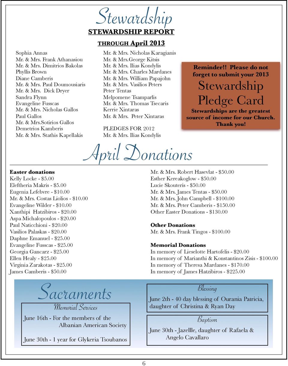 & Mrs. Ilias Kondylis Mr. & Mrs. Charles Mardanes Mr. & Mrs. William Papajohn Mr. & Mrs. Vasilios Peters Peter Tentas Melpomene Tsamparlis Mr. & Mrs. Thomas Tsecaris Kerrie Xintaras Mr. & Mrs. Peter Xintaras PLEDGES FOR 2012 Mr.
