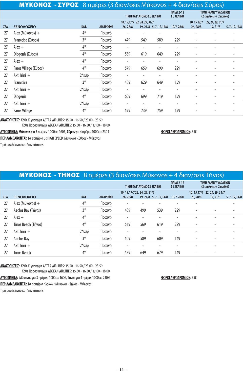 - - - - - - - 27 Diogenis (Σύρος) 4* Πρωινό 589 619 649 229 - - - 27 Alex + 4* Πρωινό - - - - - - - 27 Faros Village (Σύρος) 4* Πρωινό 579 659 699 229 - - - 27 Akti Irini + 2*sup Πρωινό - - - - - - -
