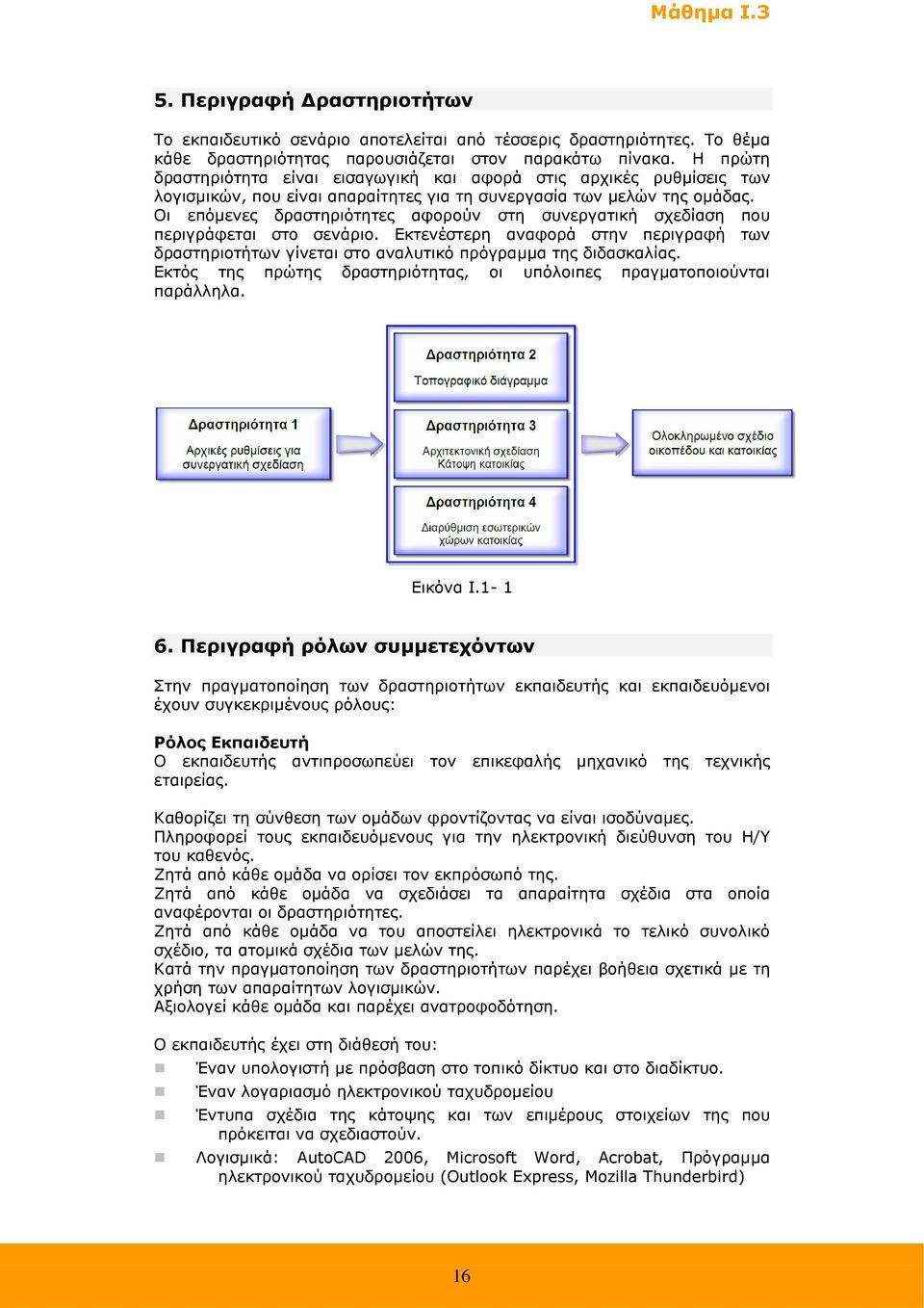 Οι επόµενες δραστηριότητες αφορούν στη συνεργατική σχεδίαση που περιγράφεται στο σενάριο. Εκτενέστερη αναφορά στην περιγραφή των δραστηριοτήτων γίνεται στο αναλυτικό πρόγραµµα της διδασκαλίας.