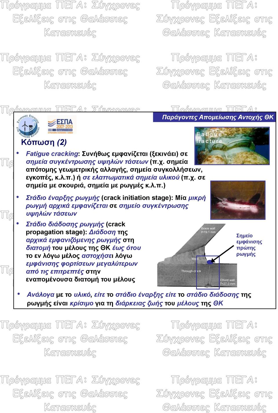 ) Στάδιο έναρξης ρωγμής (crack initiation stage): Μία μικρή ρωγμή αρχικά εμφανίζεται σε σημείο συγκέντρωσης υψηλών τάσεων Στάδιο διάδοσης ρωγμής (crack propagation stage): ιάδοση της αρχικά