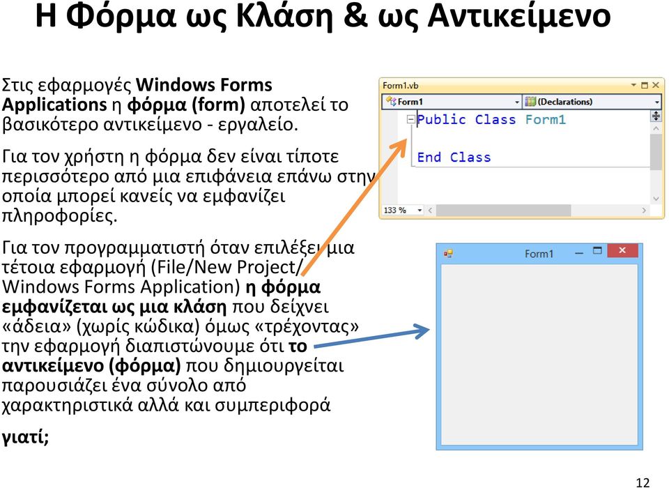 Για τον προγραμματιστή όταν επιλέξει μια τέτοια εφαρμογή (File/New Project/ Windows Forms Application) η φόρμα εμφανίζεται ως μια κλάση που δείχνει