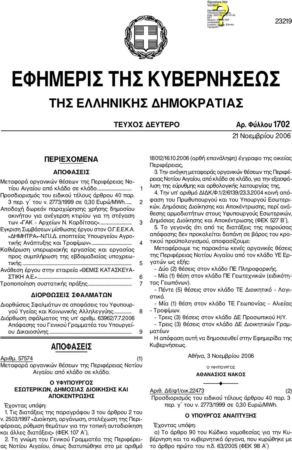 2773/1999 σε 0,30 Ευρώ/MWh.... 2 Αποδοχή δωρεάν παραχώρησης χρήσης δημοσίου ακινήτου για ανέγερση κτιρίου για τη στέγαση των «ΓΑΚ Αρχείων Ν. Καρδίτσας».... 3 Εγκριση Συμβάσεων μίσθωσης έργου στον Ο.Γ.Ε.Ε.Κ.Α. «ΔΗΜΗΤΡΑ» Ν.