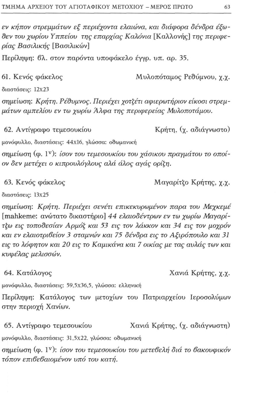 Περιέχει χοτζέτι αφιερωτήριον είκοσι στρεμμάτων αμπελιού εν τω χωρίω Άλφα της περιφερείας Μυλοποτάμου. 62. Αντίγραφο τεμεσουκίου Κρήτη, (χ.