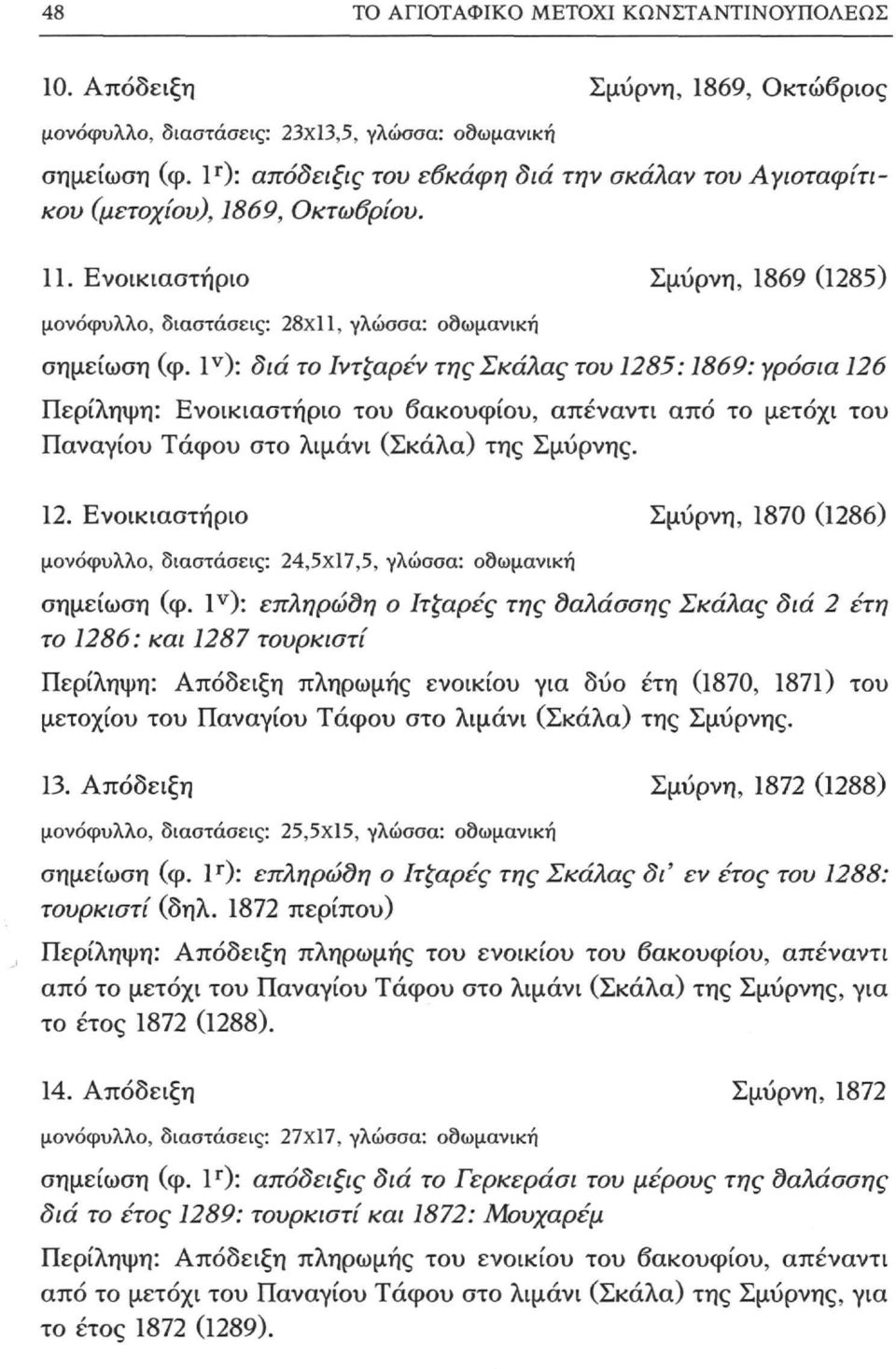 1 ν ): διά το Ιντζαρέν της Σκάλας του 1285:1869: γρόσια 126 Περίληψη: Ενοικιαστήριο του όακουφίου, απέναντι από το μετόχι του Παναγίου Τάφου στο λιμάνι (Σκάλα) της Σμύρνης. 12. Ενοικιαστήριο Σμύρνη, 1870 (1286) μονόφυλλο, διαστάσεις: 24,5x17,5, γλώσσα: οδωμανική σημείωση (φ.