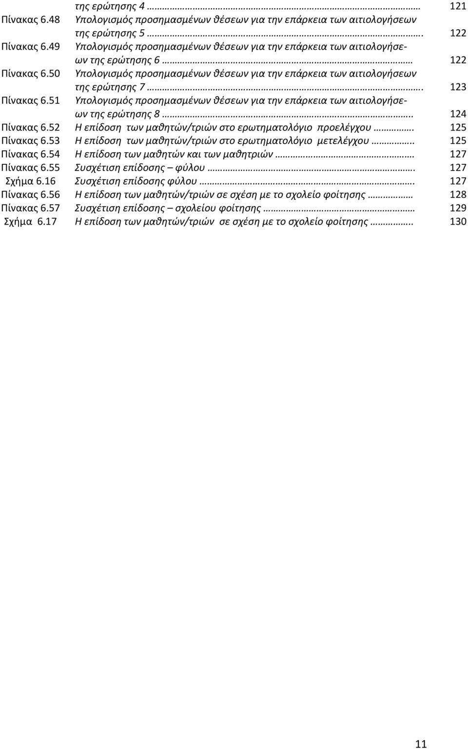 123 Πίνακας 6.51 Υπολογισμός προσημασμένων θέσεων για την επάρκεια των αιτιολογήσεων της ερώτησης 8... 124 Πίνακας 6.52 Η επίδοση των μαθητών/τριών στο ερωτηματολόγιο προελέγχου. 125 Πίνακας 6.