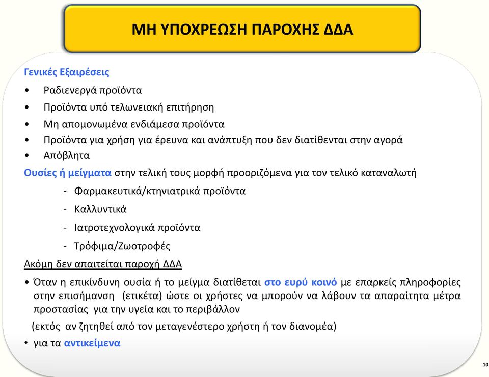 Ιατροτεχνολογικά προϊόντα - Τρόφιμα/Ζωοτροφές Ακόμη δεν απαιτείται παροχή ΔΔΑ Όταν η επικίνδυνη ουσία ή το μείγμα διατίθεται στο ευρύ κοινό με επαρκείς πληροφορίες στην επισήμανση