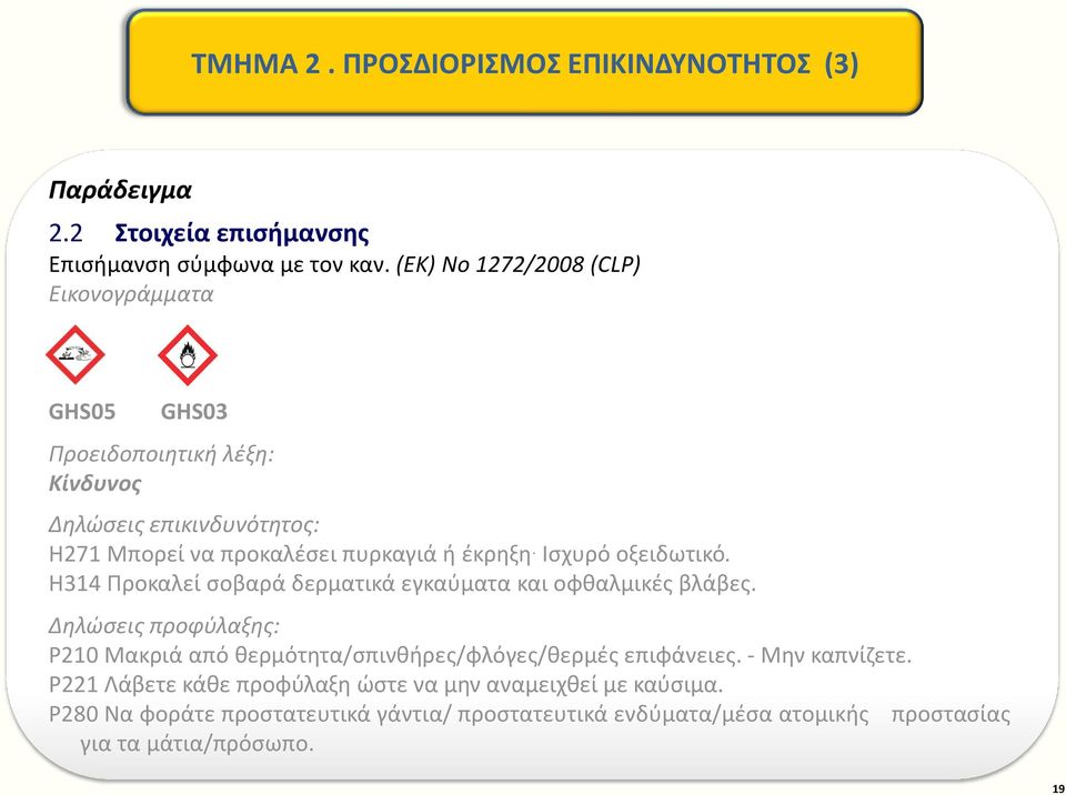 Ισχυρό οξειδωτικό. H314 Προκαλεί σοβαρά δερματικά εγκαύματα και οφθαλμικές βλάβες.