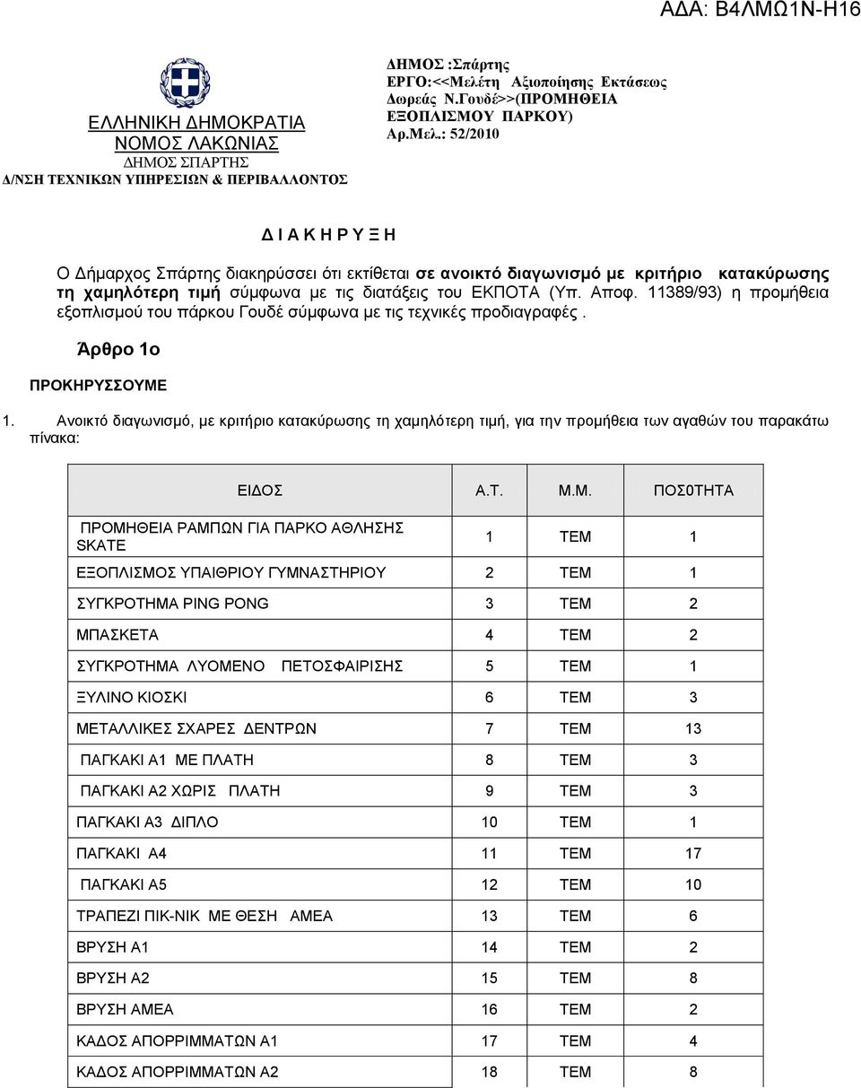 : 52/2010 Δ Ι Α Κ Η Ρ Υ Ξ Η Ο Δήμαρχος Σπάρτης διακηρύσσει ότι εκτίθεται σε ανοικτό διαγωνισμό με κριτήριο κατακύρωσης τη χαμηλότερη τιμή σύμφωνα με τις διατάξεις του ΕΚΠΟΤΑ (Υπ. Αποφ.