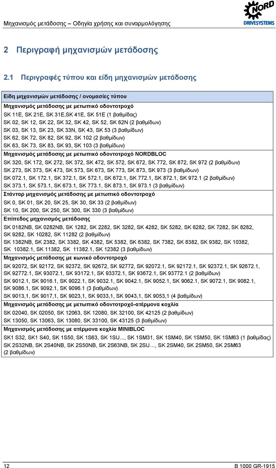 12, SK 22, SK 32, SK 42, SK 52, SK 62N (2 βαθμίδων) SK 03, SK 13, SK 23, SK 33N, SK 43, SK 53 (3 βαθμίδων) SK 62, SK 72, SK 82, SK 92, SK 102 (2 βαθμίδων) SK 63, SK 73, SK 83, SK 93, SK 103 (3