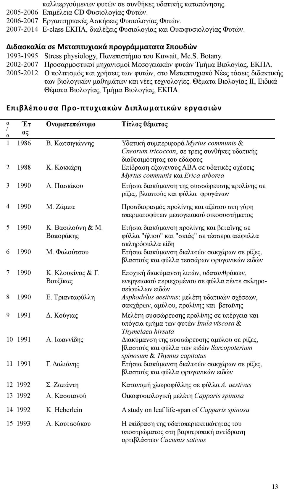 πολιτισμός κι χρήσεις των φυτών, στο Μετπτυχικό Νέες τάσεις διδκτικής των βιολογικών μθημάτων κι νέες τεχνολογίες Θέμτ Βιολογίς ΙΙ, Ειδικά Θέμτ Βιολογίς, Τμήμ Βιολογίς, ΕΚΠΑ Επιβλέπουσ Πρo-πτυχικών