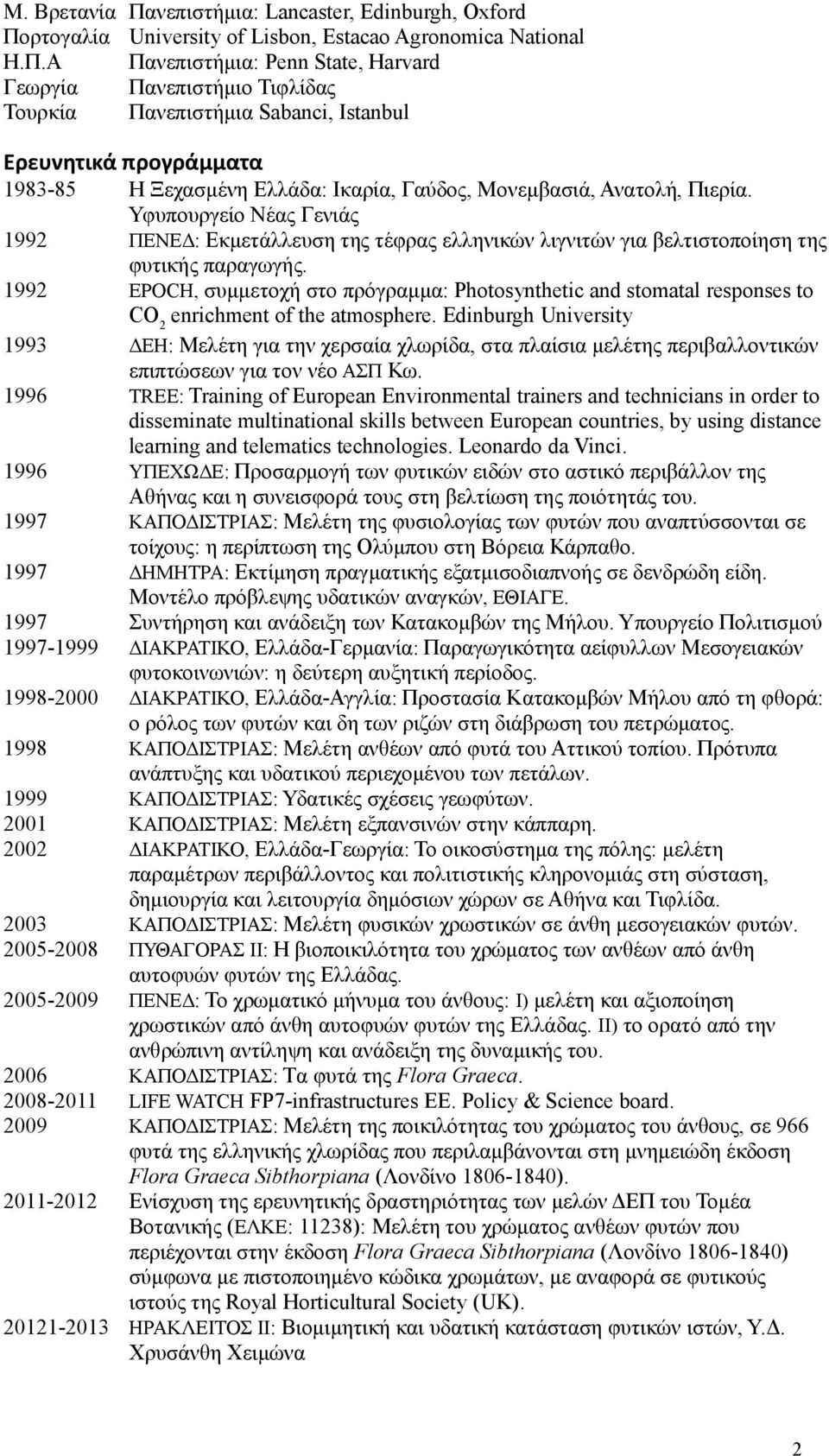 φυτικής πργωγής 1992 EPOCH, συμμετοχή στο πρόγρμμ: Photosynthetic and stomatal responses to CO 2 enrichment of the atmosphere Edinburgh University 1993 ΔΕΗ: Μελέτη γι την χερσί χλωρίδ, στ πλίσι