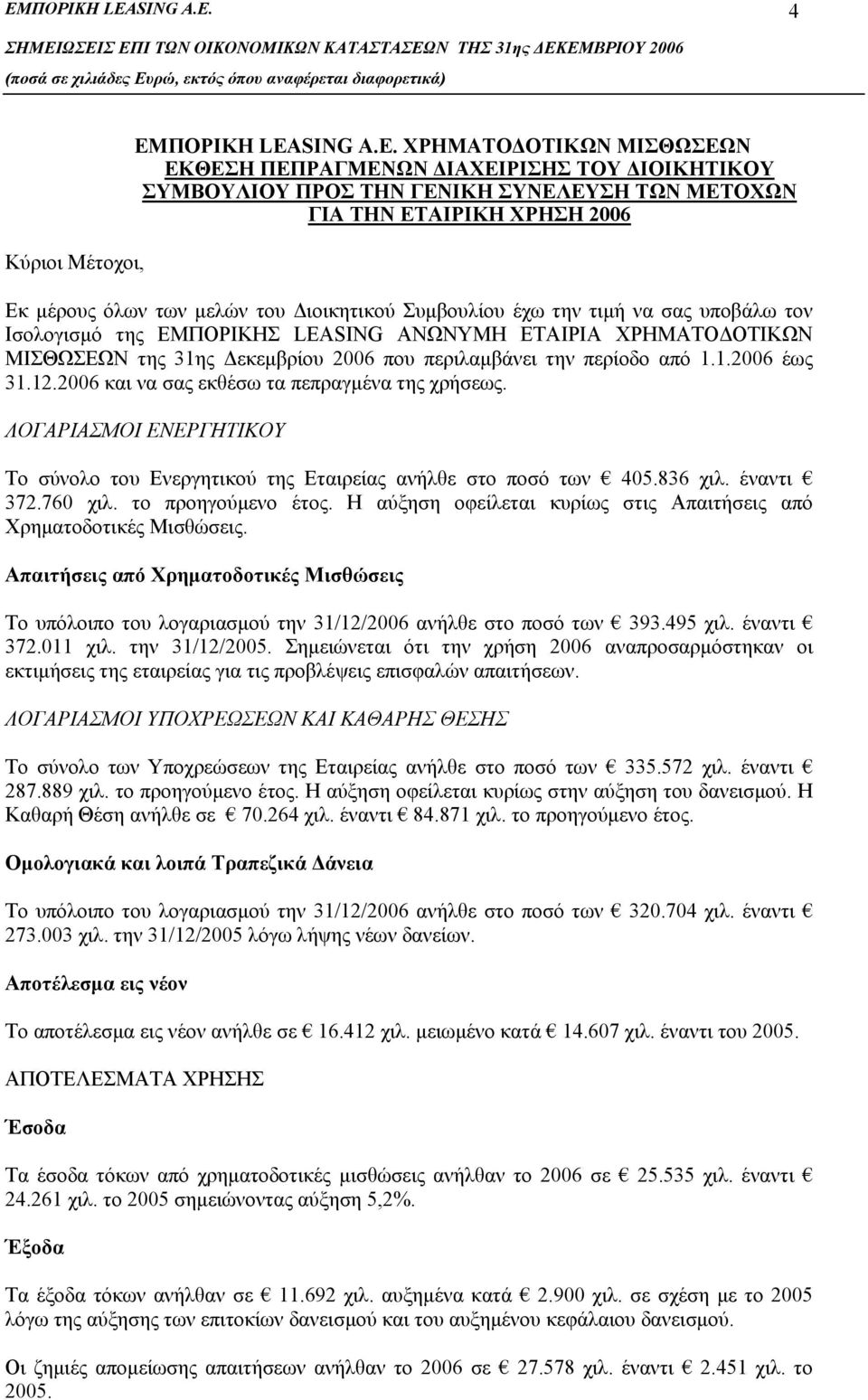 περιλαμβάνει την περίοδο από 1.1.2006 έως 31.12.2006 και να σας εκθέσω τα πεπραγμένα της χρήσεως. ΛΟΓΑΡΙΑΣΜΟΙ ΕΝΕΡΓΗΤΙΚΟΥ Το σύνολο του Ενεργητικού της Εταιρείας ανήλθε στο ποσό των 405.836 χιλ.