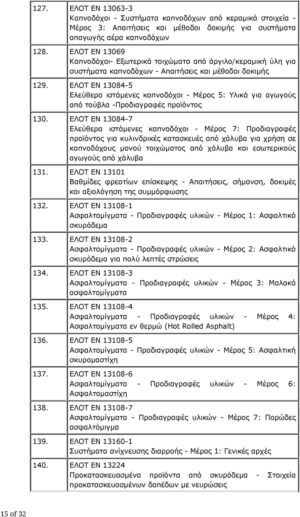 ΕΛΟΤ ΕΝ 13084-5 Ελεύθερα ιστάμενες καπνοδόχοι - Μέρος 5: Υλικά για αγωγούς από τούβλα -Προδιαγραφές προϊόντος 130.