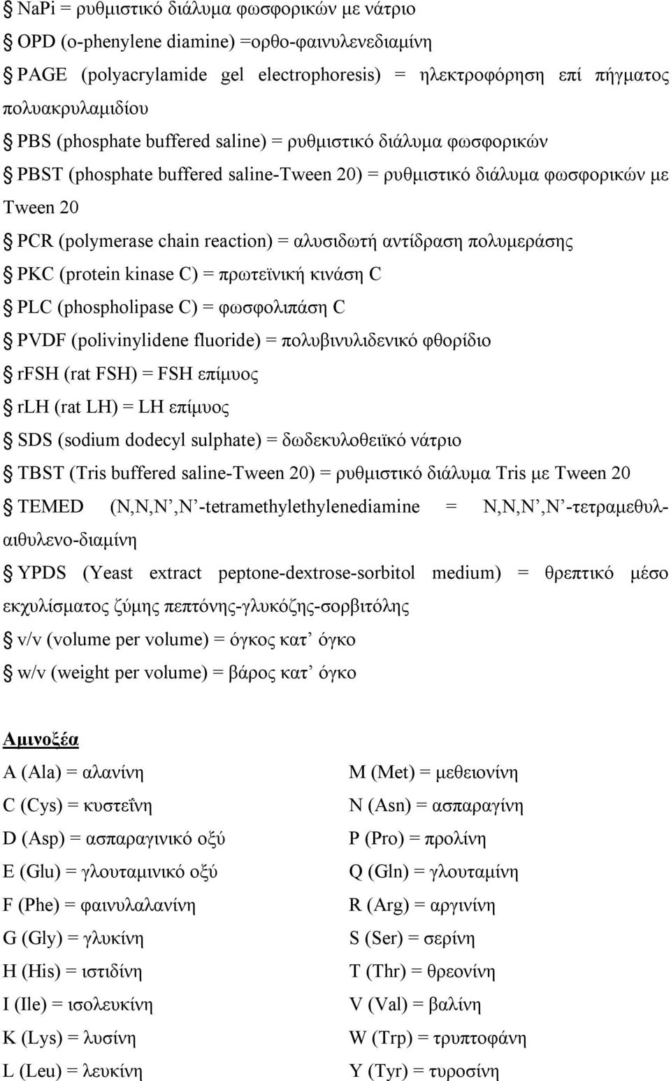 πολυμεράσης PKC (protein kinase C) = πρωτεϊνική κινάση C PLC (phospholipase C) = φωσφολιπάση C PVDF (polivinylidene fluoride) = πολυβινυλιδενικό φθορίδιο rfsh (rat FSH) = FSH επίμυος rlh (rat LH) =