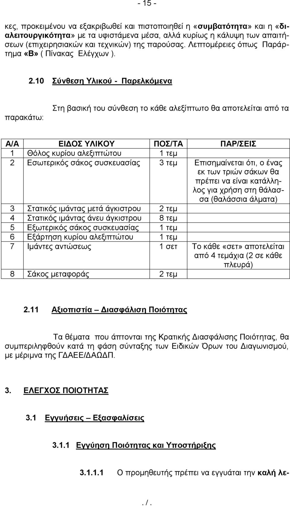 10 Σύνθεση Υλικού - Παρελκόμενα παρακάτω: Στη βασική του σύνθεση το κάθε αλεξίπτωτο θα αποτελείται από τα Α/Α ΕΙΔΟΣ ΥΛΙΚΟΥ ΠΟΣ/ΤΑ ΠΑΡ/ΣΕΙΣ 1 Θόλος κυρίου αλεξιπτώτου 1 τεμ 2 Εσωτερικός σάκος