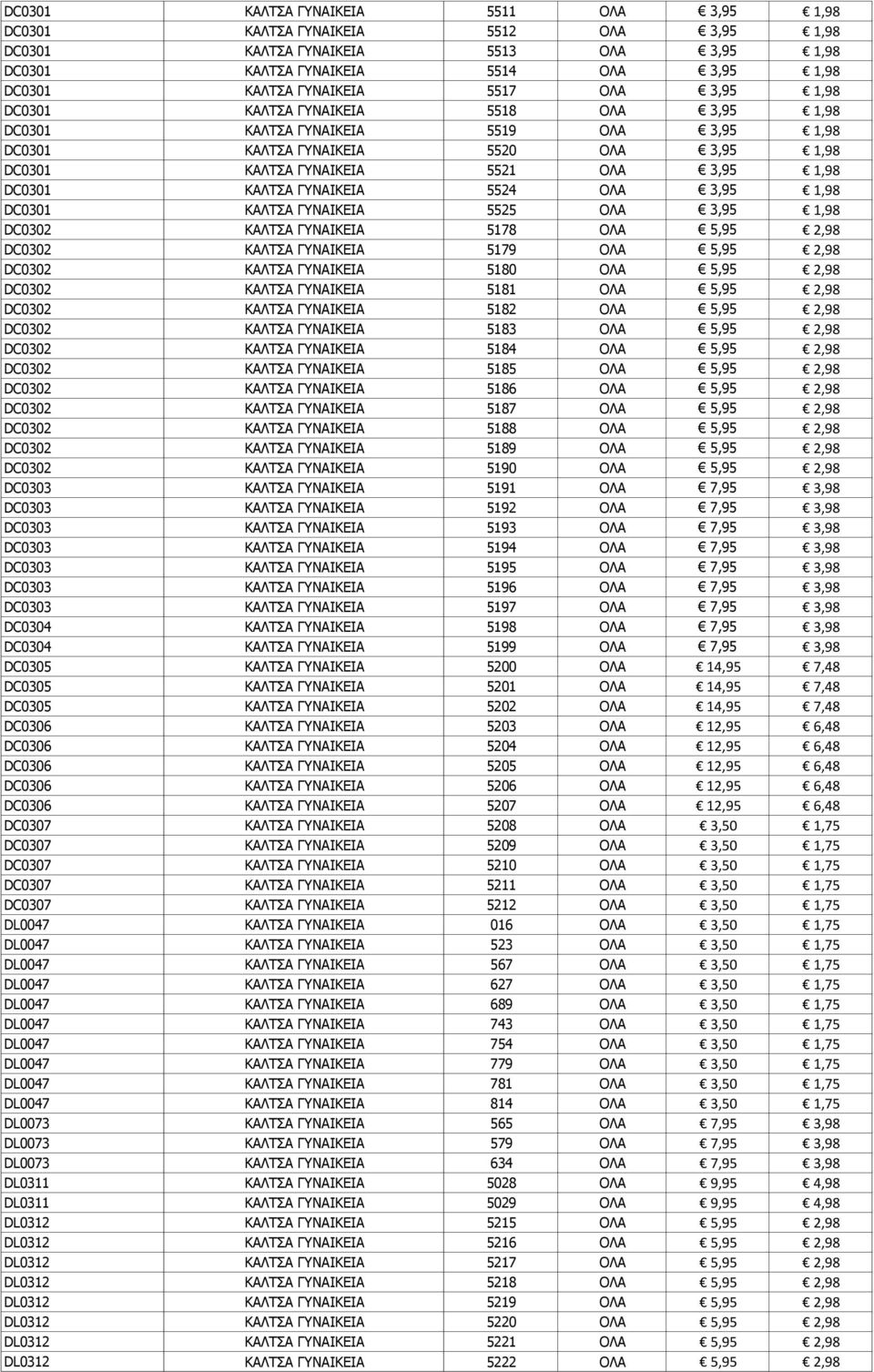 ΚΑΛΤΣΑ ΓΥΝΑΙΚΕΙΑ 5524 ΟΛΑ 3,95 1,98 DC0301 ΚΑΛΤΣΑ ΓΥΝΑΙΚΕΙΑ 5525 ΟΛΑ 3,95 1,98 DC0302 ΚΑΛΤΣΑ ΓΥΝΑΙΚΕΙΑ 5178 ΟΛΑ 5,95 2,98 DC0302 ΚΑΛΤΣΑ ΓΥΝΑΙΚΕΙΑ 5179 ΟΛΑ 5,95 2,98 DC0302 ΚΑΛΤΣΑ ΓΥΝΑΙΚΕΙΑ 5180 ΟΛΑ